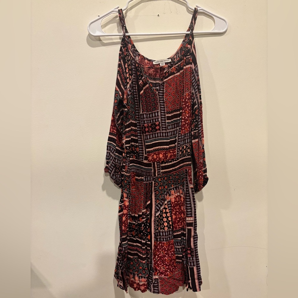 American Eagle Outfitters Red and Black Patterned Long Sleeve Dress